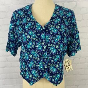 Vintage 90s Deadstock Christina Blue Floral Cropped Button Up Shirt Large